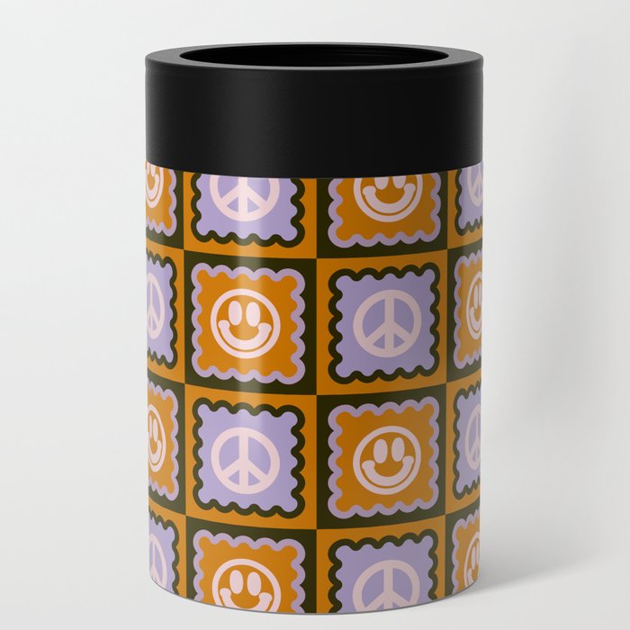 Funky Checkered Smileys and Peace Symbol Pattern (Dark Brown, Ginger Brown, Lilac, Muted Pink) Can Cooler