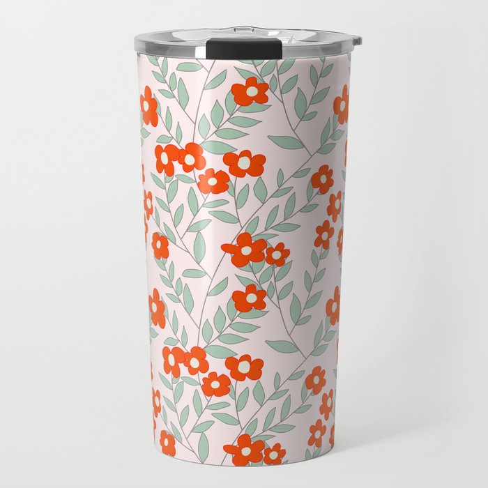 Sweet red floral seamless pattern design with mint green leaves on pink  Travel Mug