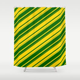 [ Thumbnail: Yellow & Dark Green Colored Lines/Stripes Pattern Shower Curtain ]