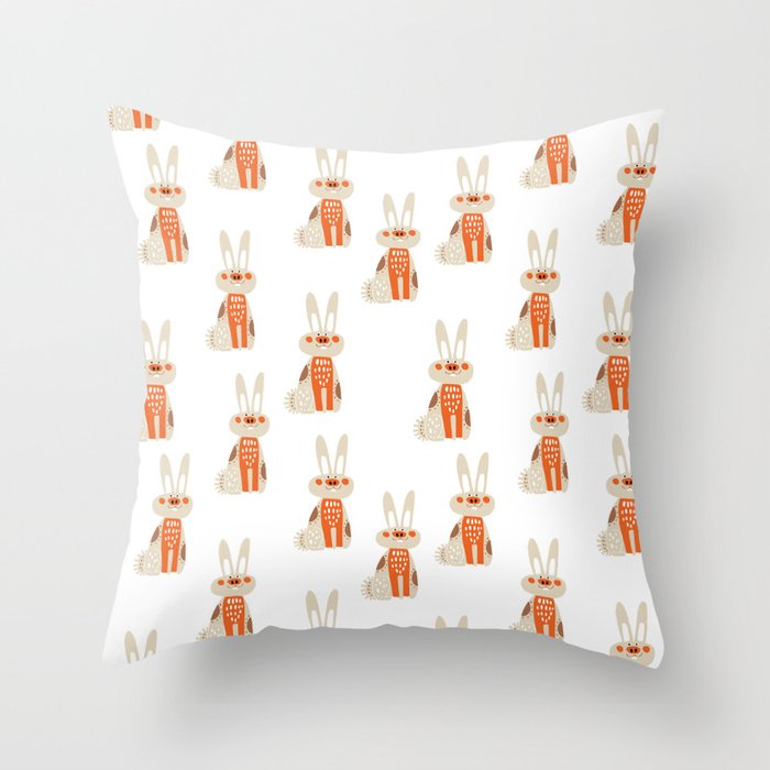 Cute funny hand drawn orange brown vector rabbit pattern Throw Pillow