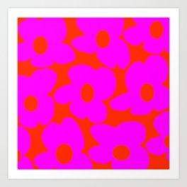 Pink Retro Flowers Orange Red Background #decor #society6 #buyart Art Print