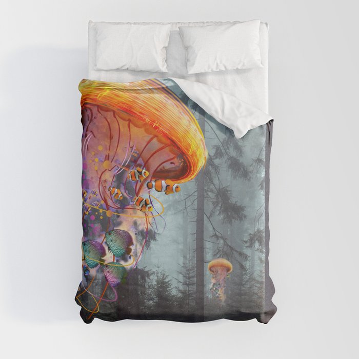 Electric Jellyfish Worlds in a Forest Duvet Cover