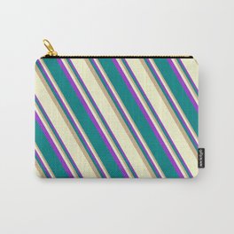 [ Thumbnail: Tan, Light Yellow, Dark Orchid, and Teal Colored Stripes Pattern Carry-All Pouch ]
