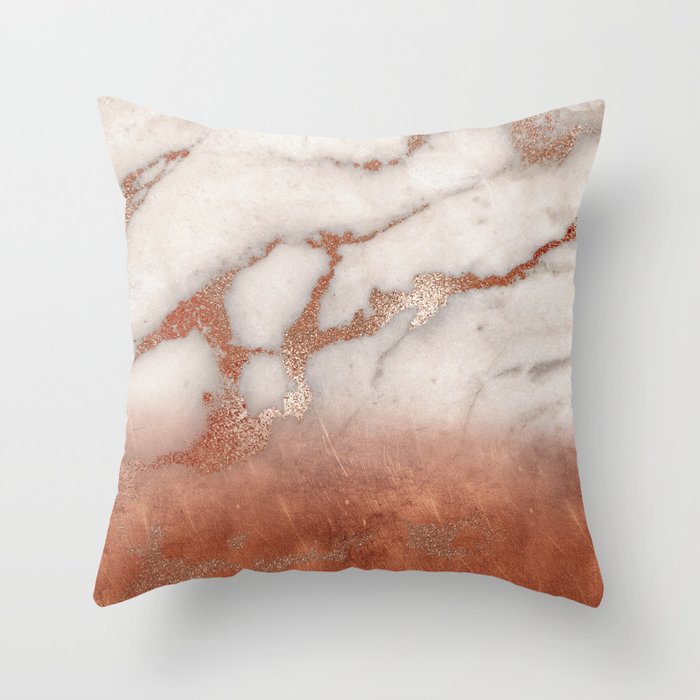 Shiny Copper Metal Foil Gold Ombre Bohemian Marble Throw Pillow