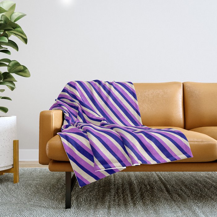 Orchid, Blue & Beige Colored Striped Pattern Throw Blanket