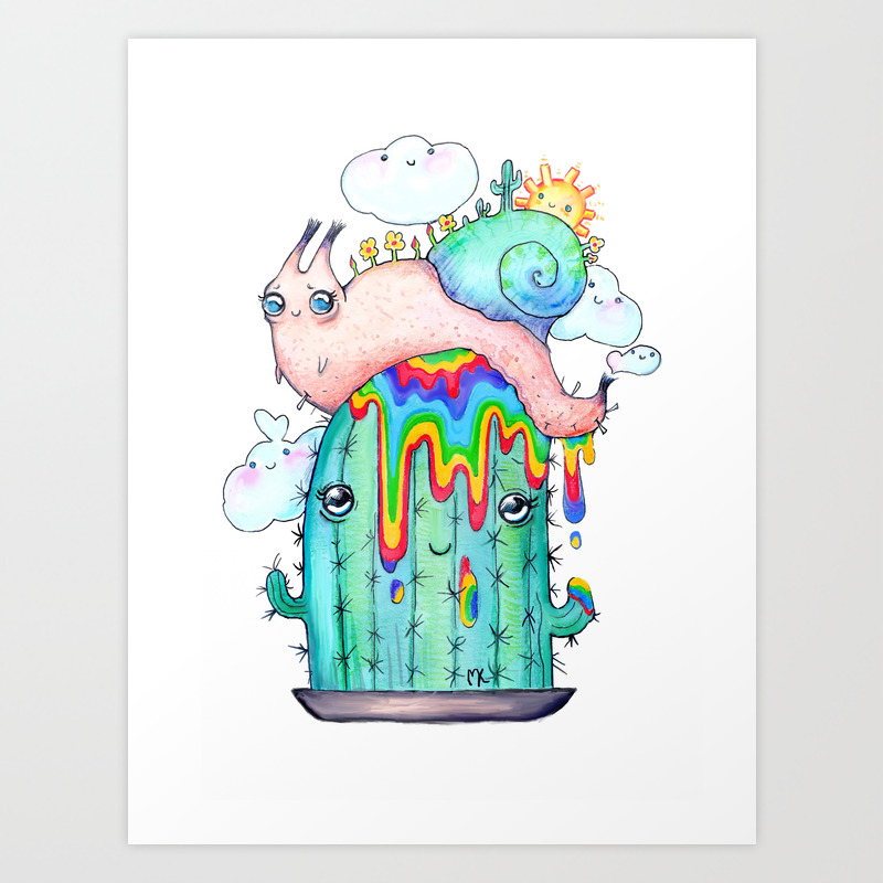 Rainbow Snail On A Cactus Art Print By Katamk Society6