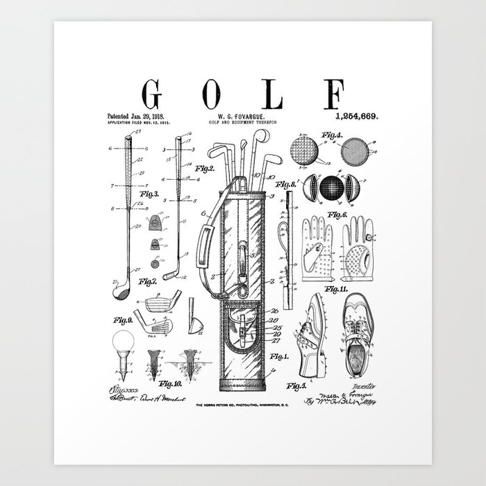 Golf Club Golfer Old Vintage Patent Drawing Print Art Print by GrandeDuc