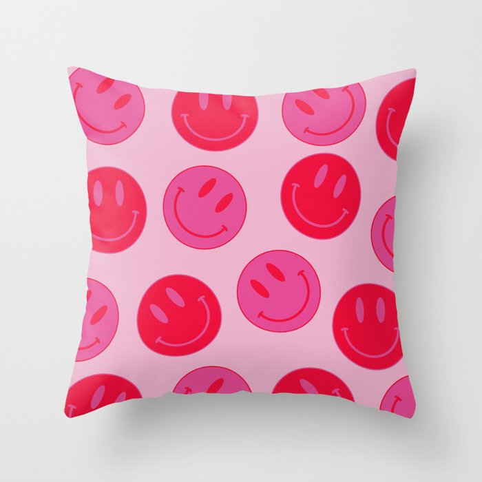 Large Pink and Red Vsco Smiley Face Pattern - Preppy Aesthetic Throw Pillow