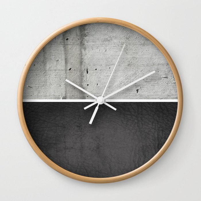 Raw Concrete and Black Leather Wall Clock
