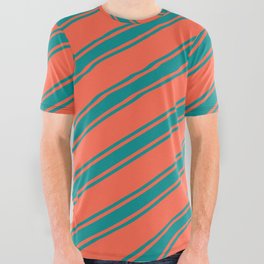 [ Thumbnail: Red & Dark Cyan Colored Lined Pattern All Over Graphic Tee ]