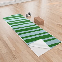 [ Thumbnail: Light Blue & Dark Green Colored Stripes Pattern Yoga Towel ]