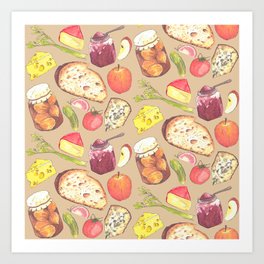 Ploughmans Lunch, Retro Food Illustration: half drop pattern repeat creamy beige Art Print