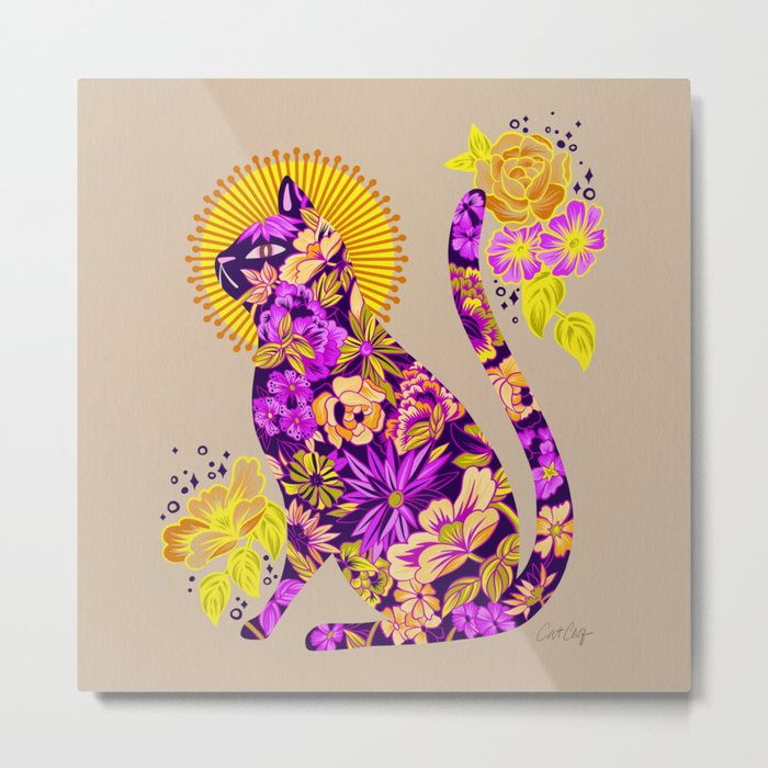 Porcelain Cat – Plum & Yellow Metal Print