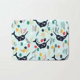 Cute Narwhal Bath Mat | Digital, Yellow, Pattern, Green, Red, Blue, Bluehomedecor, Seaanimals, Sealife, Narwhallovergift 