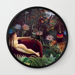 The Dream by Henri Rousseau 1910 // Jungle Lion Flowers Native Female Laying Colorful Landscape Wall Clock