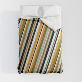 [ Thumbnail: Light Cyan, Dark Orange, Dark Olive Green, Grey, and Black Colored Striped Pattern Comforter ]