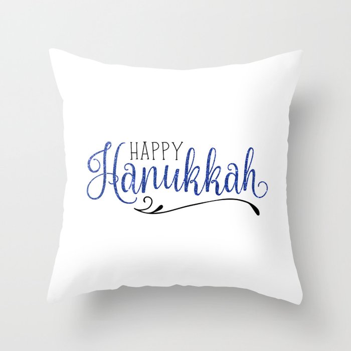 Happy Hanukkah Blue Glitter Throw Pillow by A Little Leafy