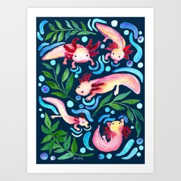 Cute pink Axolotls in watercolor Art Print