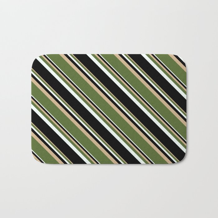 Tan, Dark Olive Green, Mint Cream & Black Colored Stripes Pattern Bath Mat