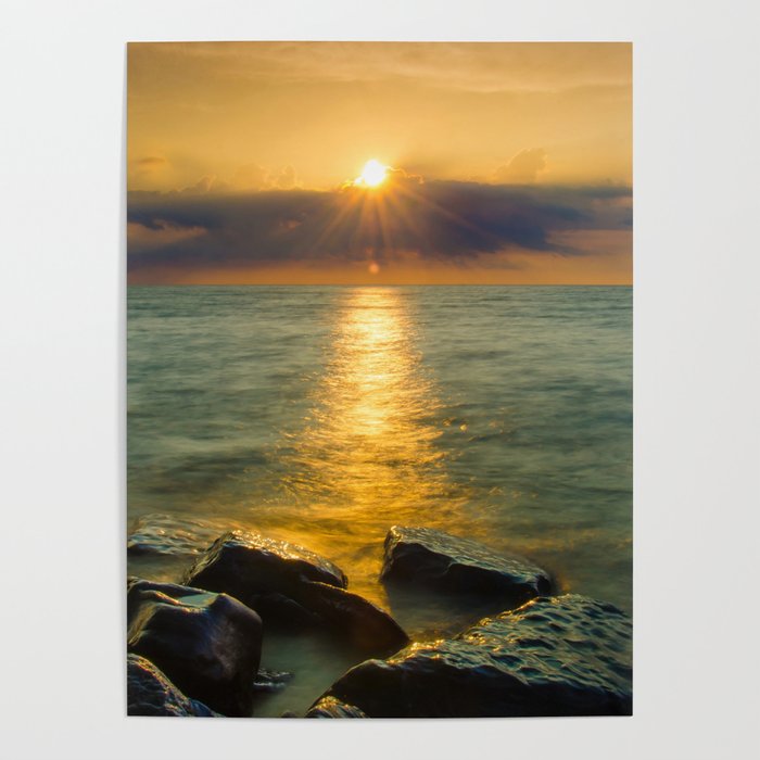 Coastal Landscape Photograph Sun Ray on the Water Beach Art Poster