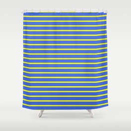 [ Thumbnail: Royal Blue & Yellow Colored Lined/Striped Pattern Shower Curtain ]