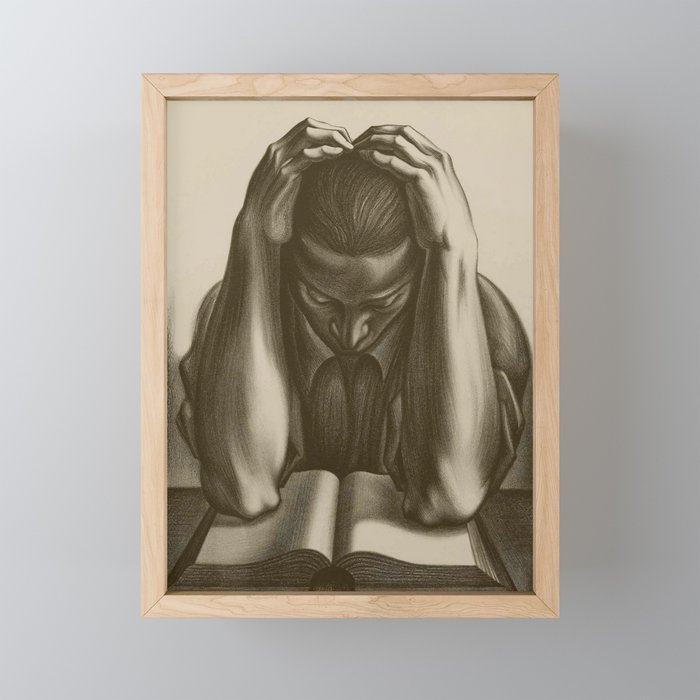 The literary reader; books and book lovers charcoal engraving print portrait by Abraham Joel Tobias Framed Mini Art Print