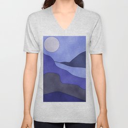 Moonrise - night, landscape, watercolor painting, navy, gray, purple, violet, blue, nature V Neck T Shirt