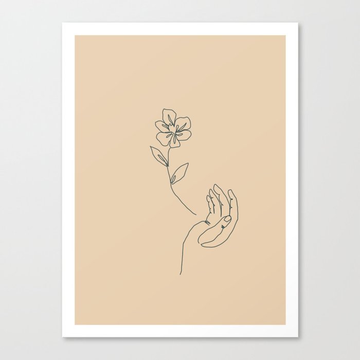 Contour Line Art Hand and Flower Natural Canvas Print