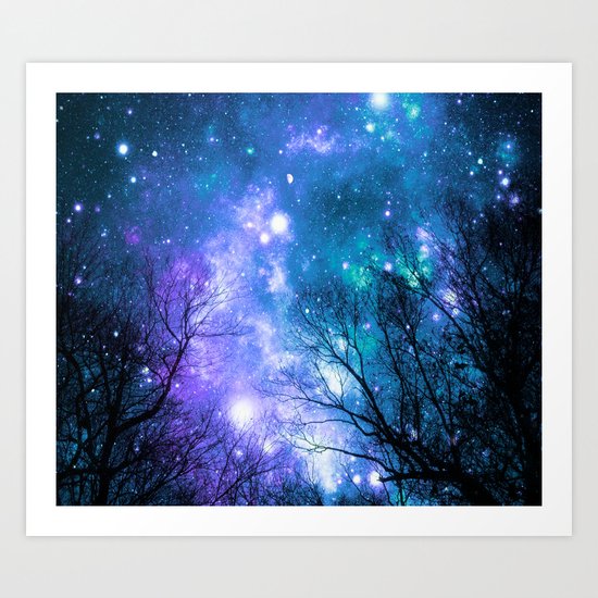 Black Trees Violet Teal Space Art Print