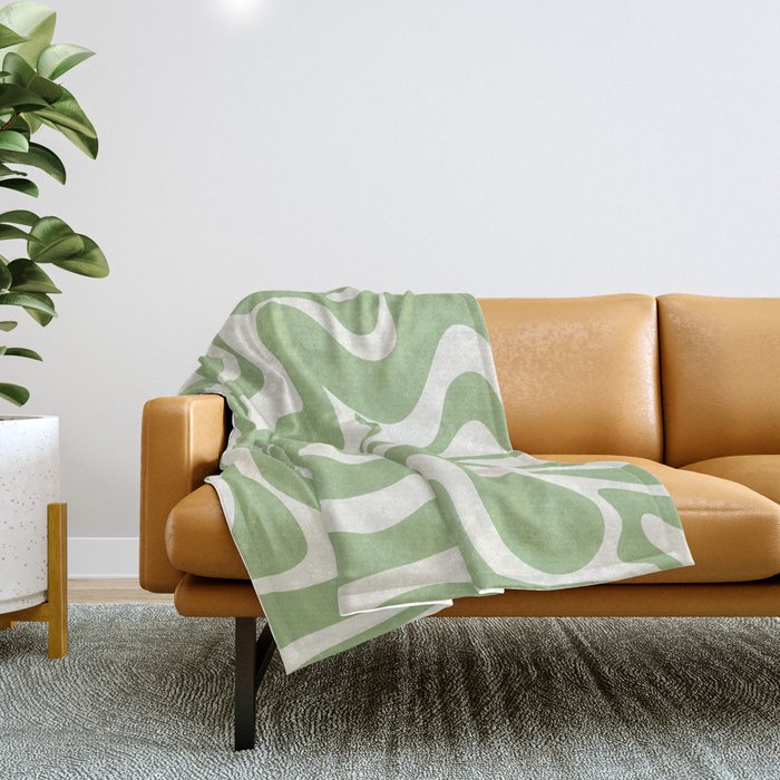 Retro Liquid Swirl Abstract Pattern in Light Sage Green and Cream Throw Blanket