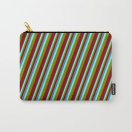 [ Thumbnail: Blue, Aquamarine, Green & Maroon Colored Stripes Pattern Carry-All Pouch ]