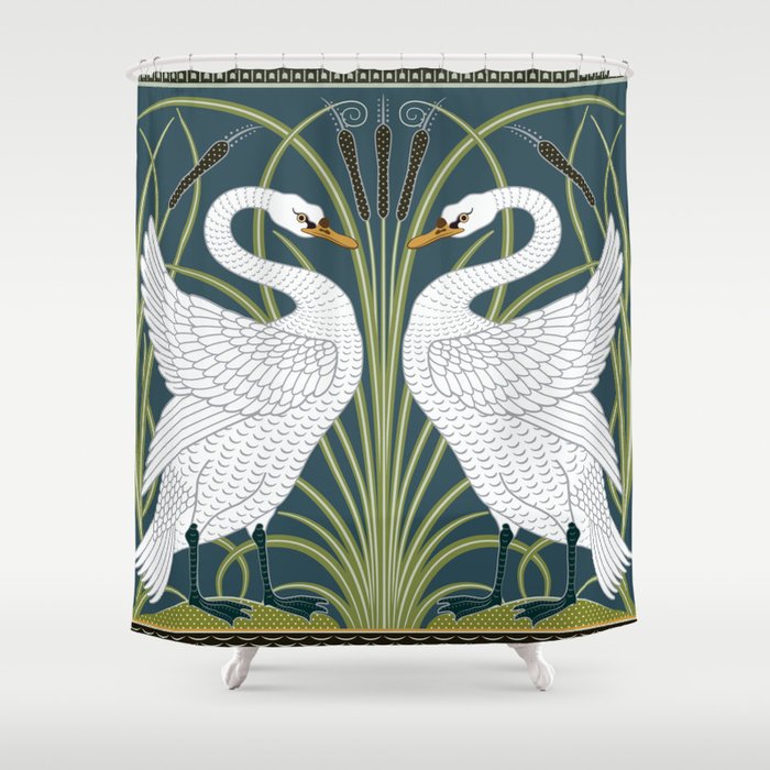 Walter Crane Swans Rush and Iris Vintage Swan Blue & White Design Shower Curtain