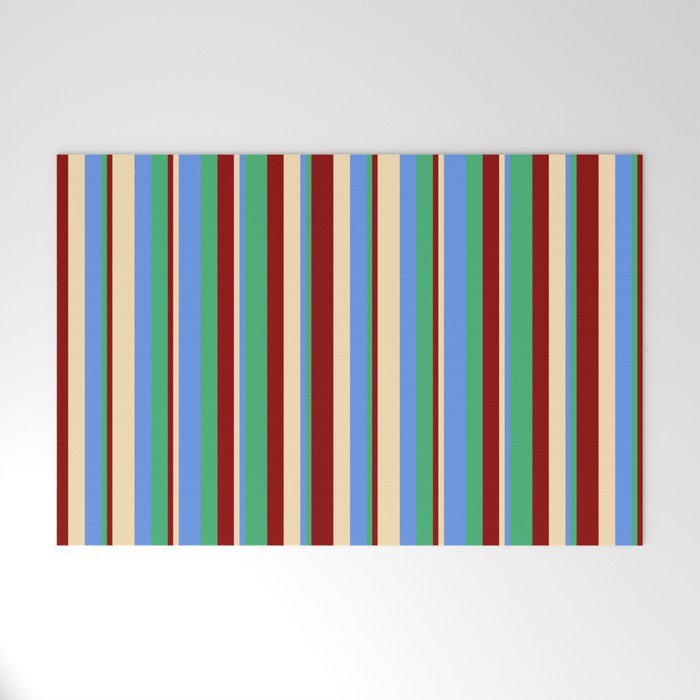 Beige, Cornflower Blue, Sea Green, and Dark Red Colored Lines/Stripes Pattern Welcome Mat