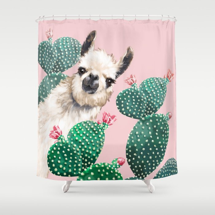 Llama and Cactus Pink Shower Curtain