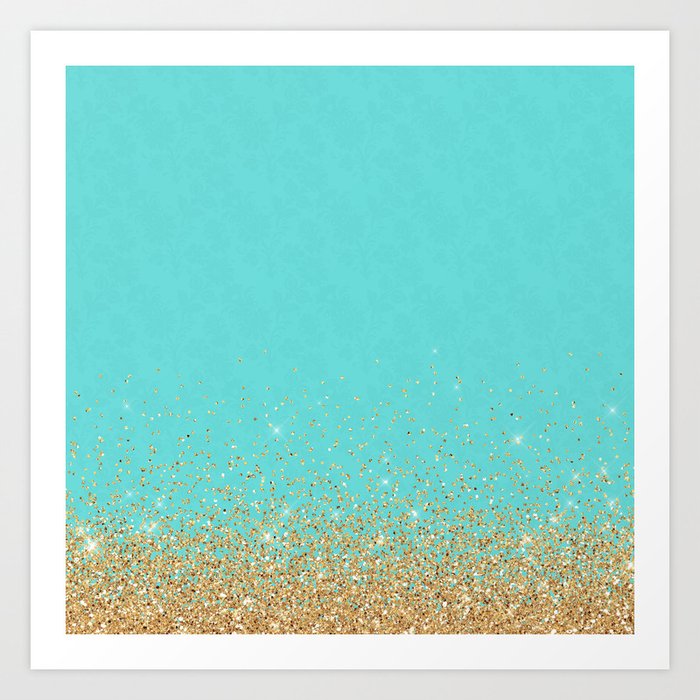 Sparkling gold glitter confetti on aqua teal damask background Art ...