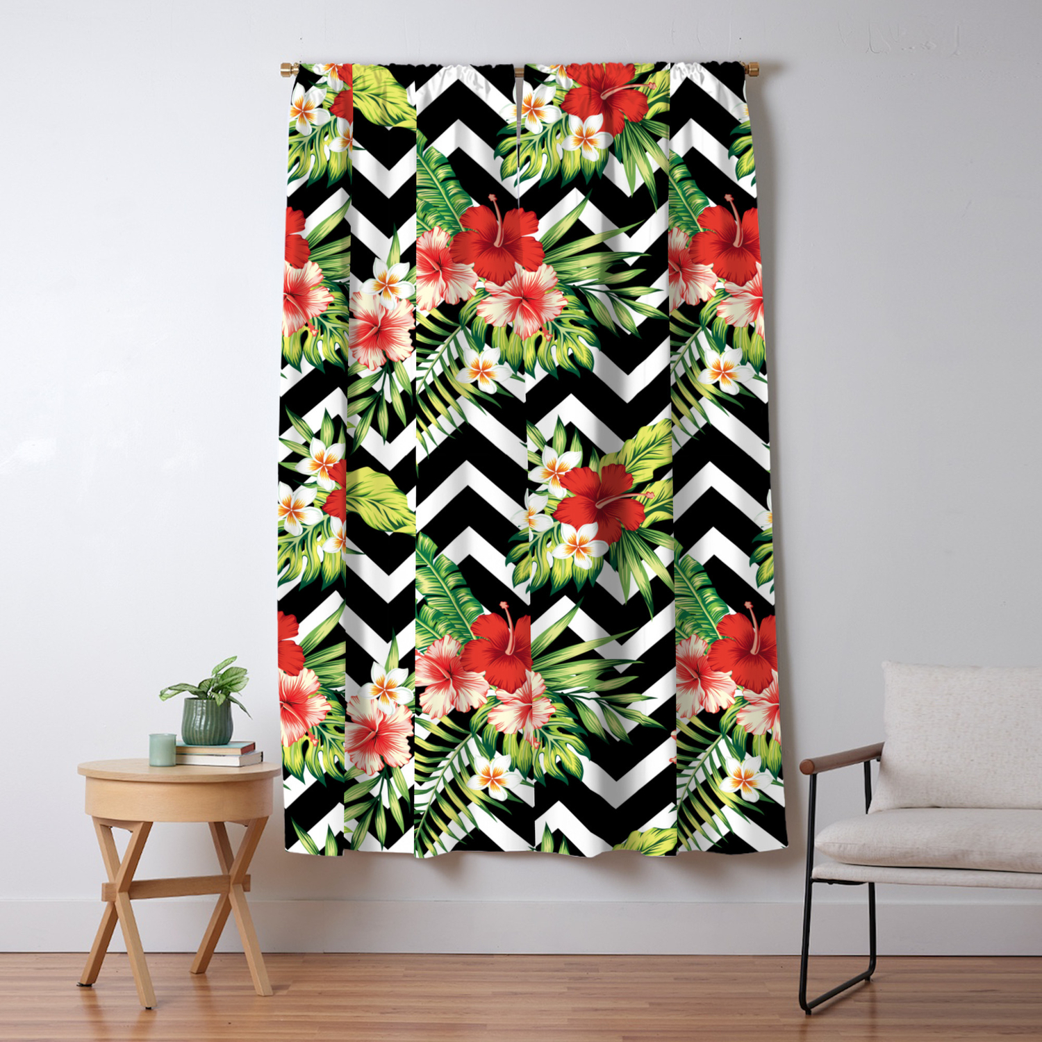 Black White Chevron Red Hibiscus Pattern Blackout Curtain By