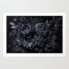 Renaissance Vibes Moody Opulent Flowers Blue Grey Art Print