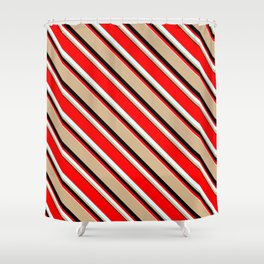 [ Thumbnail: Red, Light Cyan, Tan, and Black Colored Lines/Stripes Pattern Shower Curtain ]