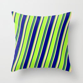 [ Thumbnail: Light Green, Tan, Dark Blue & Sea Green Colored Striped Pattern Throw Pillow ]