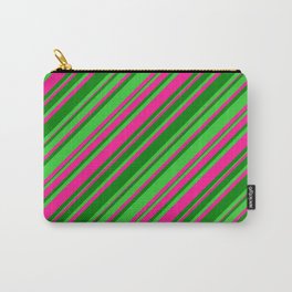 [ Thumbnail: Deep Pink, Green & Lime Green Colored Lines Pattern Carry-All Pouch ]