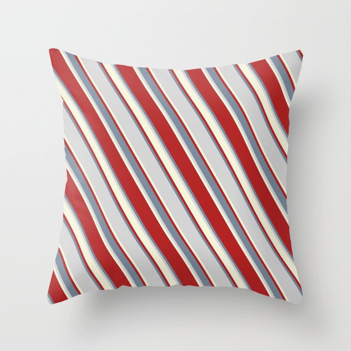 Red, Light Slate Gray, Light Grey & Beige Colored Pattern of Stripes Throw Pillow