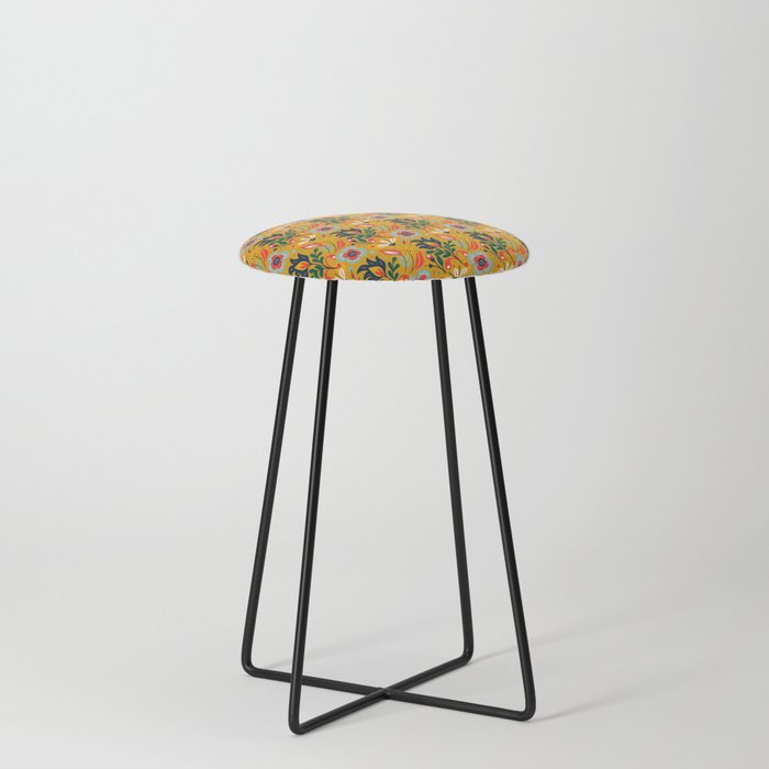 Colorful Floral Pattern On Mustard Background Counter Stool