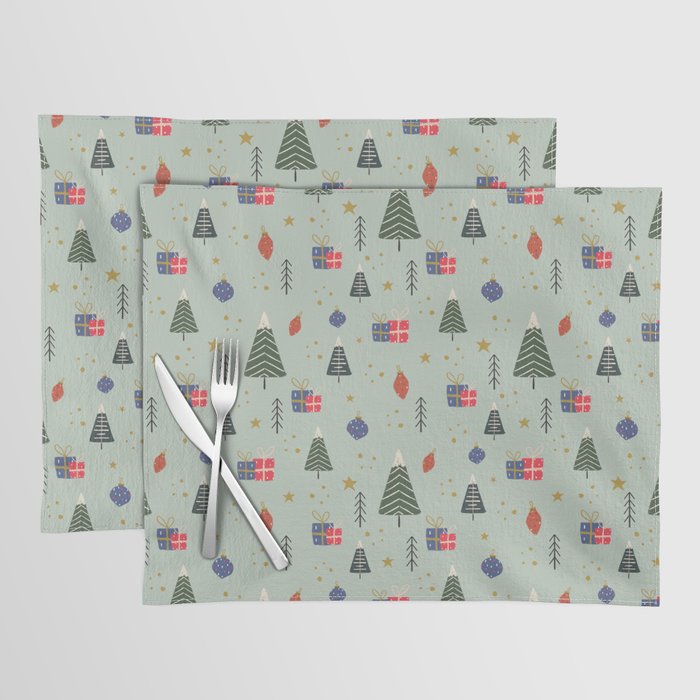 Christmas Conversational Pattern with Trees gifts baubles and stars Placemat