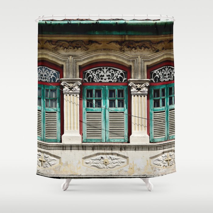 Traditional Singapore Peranakan or Straits Chinese shop house with arched windows and antique green shutters in downtown Singapore Shower Curtain
