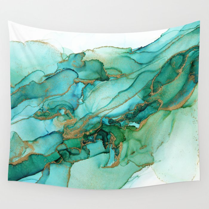 Emerald Gold Waves Abstract Ink Wall Tapestry