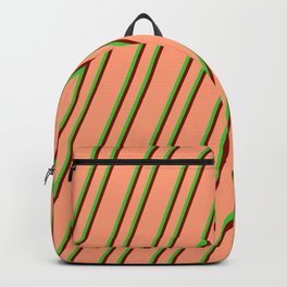 [ Thumbnail: Light Salmon, Lime Green, and Maroon Colored Lines/Stripes Pattern Backpack ]