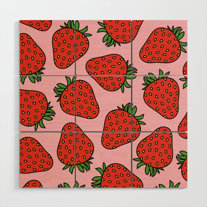 Pink and Red Cottage Core Strawberries Wood Wall Art