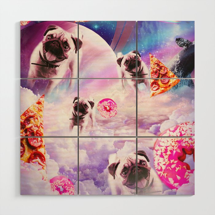 Pugs Dogs In Clouds, Pug Dog With Pizza Donut  Wood Wall Art