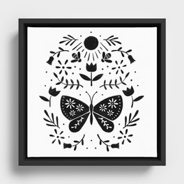 Folk Butterfly And Honey Bees | Black And White Framed Canvas