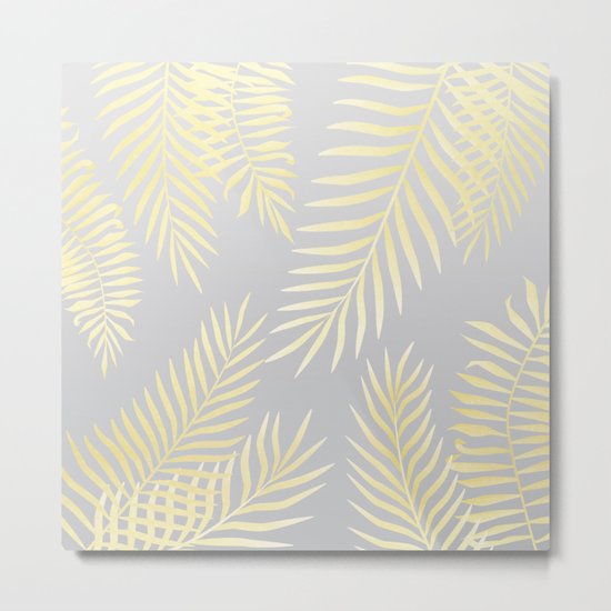 Gold palm leaves on grey Metal Print